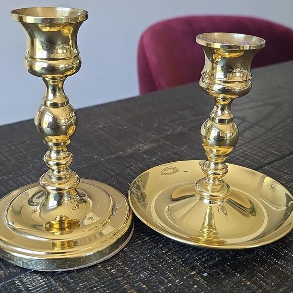 2 Polished Brass Elegant Gold Taper Candlestick Holders Sz 4.5' & 5' Short - Picture 10 of 12